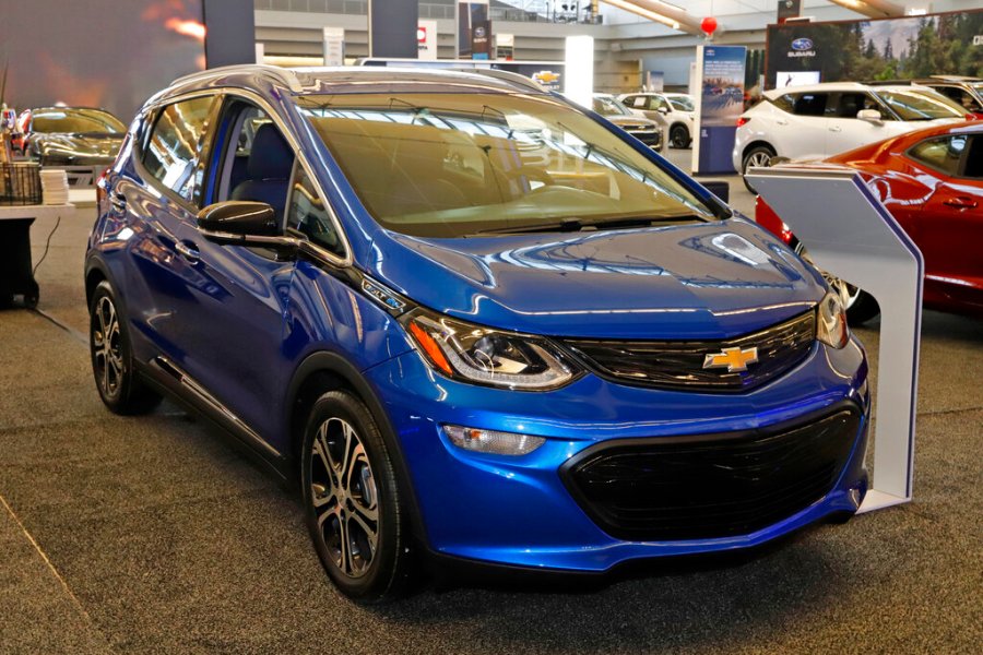 In this Feb. 13, 2020 file photo a 2020 Chevrolet Bolt EV is displayed at the 2020 Pittsburgh International Auto Show in Pittsburgh. (AP Photo/Gene J. Puskar, File)