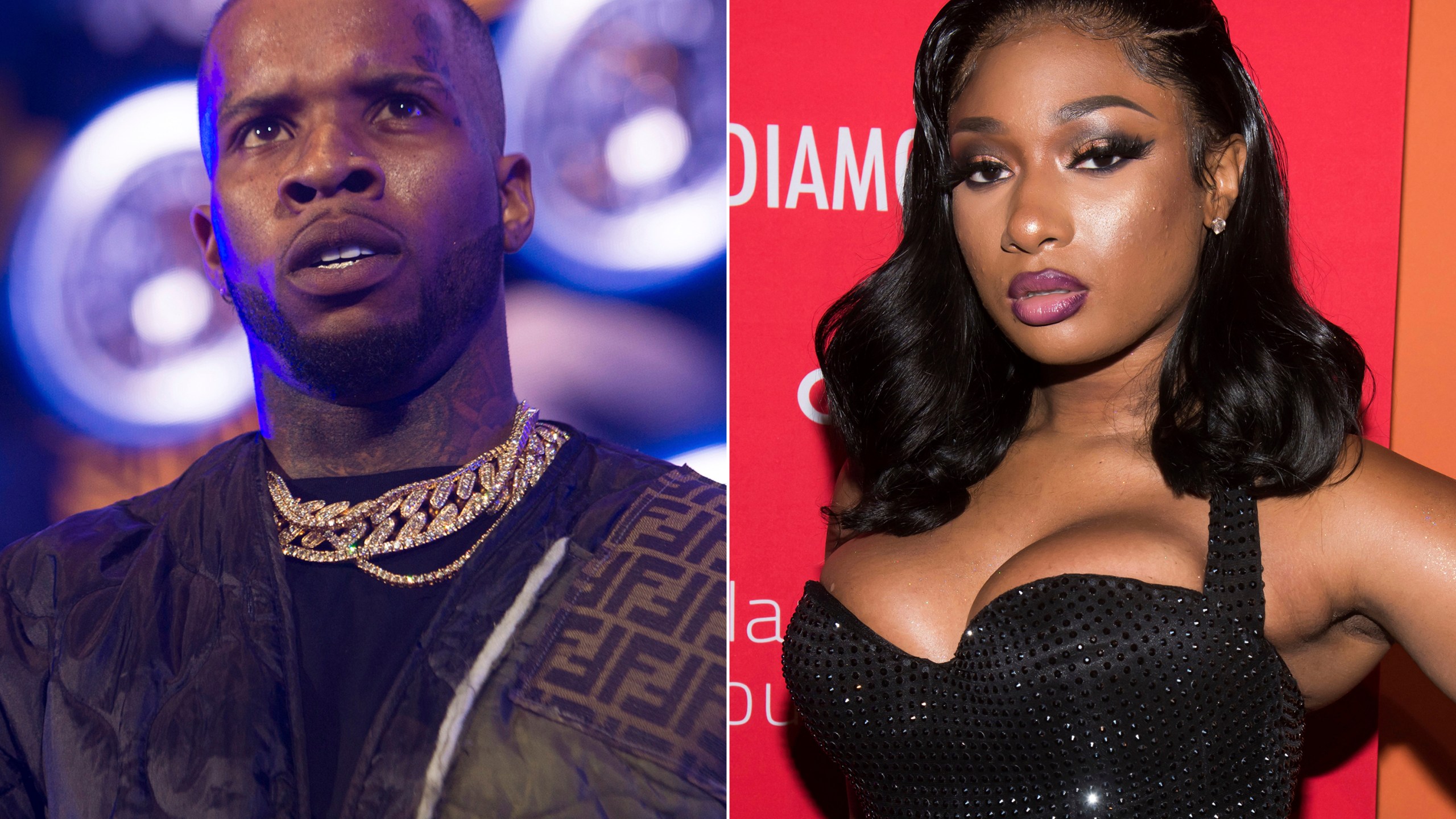 Tory Lanez performs at HOT 97 Summer Jam 2019 in East Rutherford, N.J. on June 2, 2019, left, and Megan Thee Stallion attends the 5th annual Diamond Ball benefit gala in New York on Sept. 12, 2019. (Scott Roth, left, Charles Sykes/Invision/AP)