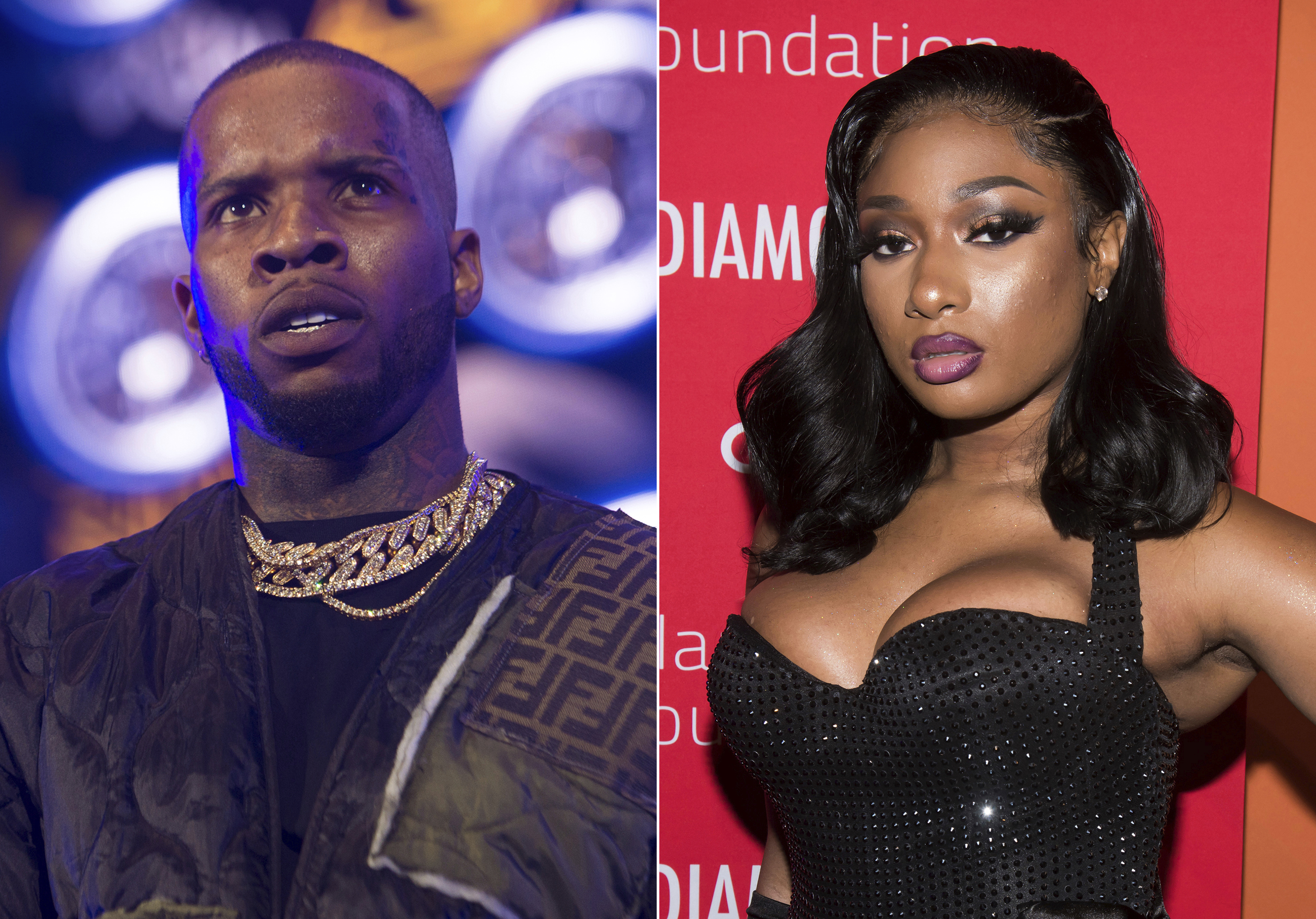 Tory Lanez performs at HOT 97 Summer Jam 2019 in East Rutherford, N.J. on June 2, 2019, left, and Megan Thee Stallion attends the 5th annual Diamond Ball benefit gala in New York on Sept. 12, 2019. (Scott Roth, left, Charles Sykes/Invision/AP)