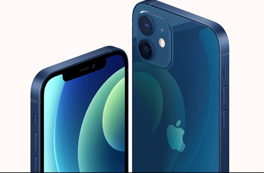 This image provided by Apple shows one of the new iPhone 12 equipped with technology for use with faster new 5G wireless networks that Apple unveiled Oct. 13, 2020.