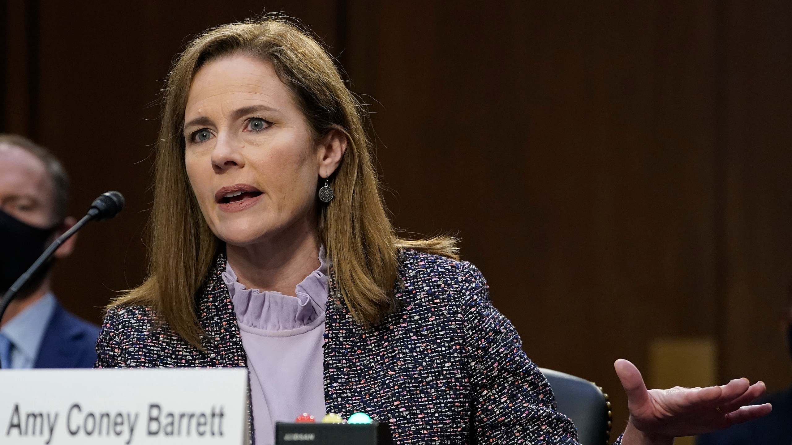 Supreme Court nominee Amy Coney Barrett testifies before the Senate Judiciary Committee during the third day of her confirmation hearings on Capitol Hill in Washington on Oct. 14, 2020. (Drew Angerer/Pool via AP)