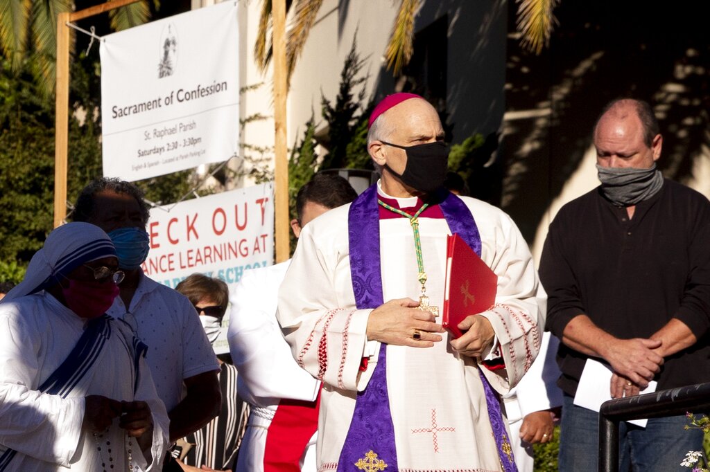 San Francisco's Archbishop Salvatore Cordileone conducts an exorcism on Oct. 17, 2020, outside of Saint Raphael Catholic Church in San Rafael. (Jessica Christian/San Francisco Chronicle via AP)