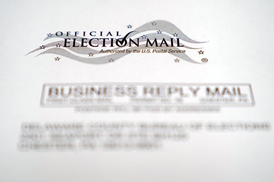 In this Oct. 13, 2020, photo, an envelope of a Pennsylvania official mail-in ballot for the 2020 general election in Marple Township, Pa. (AP Photo/Matt Slocum)