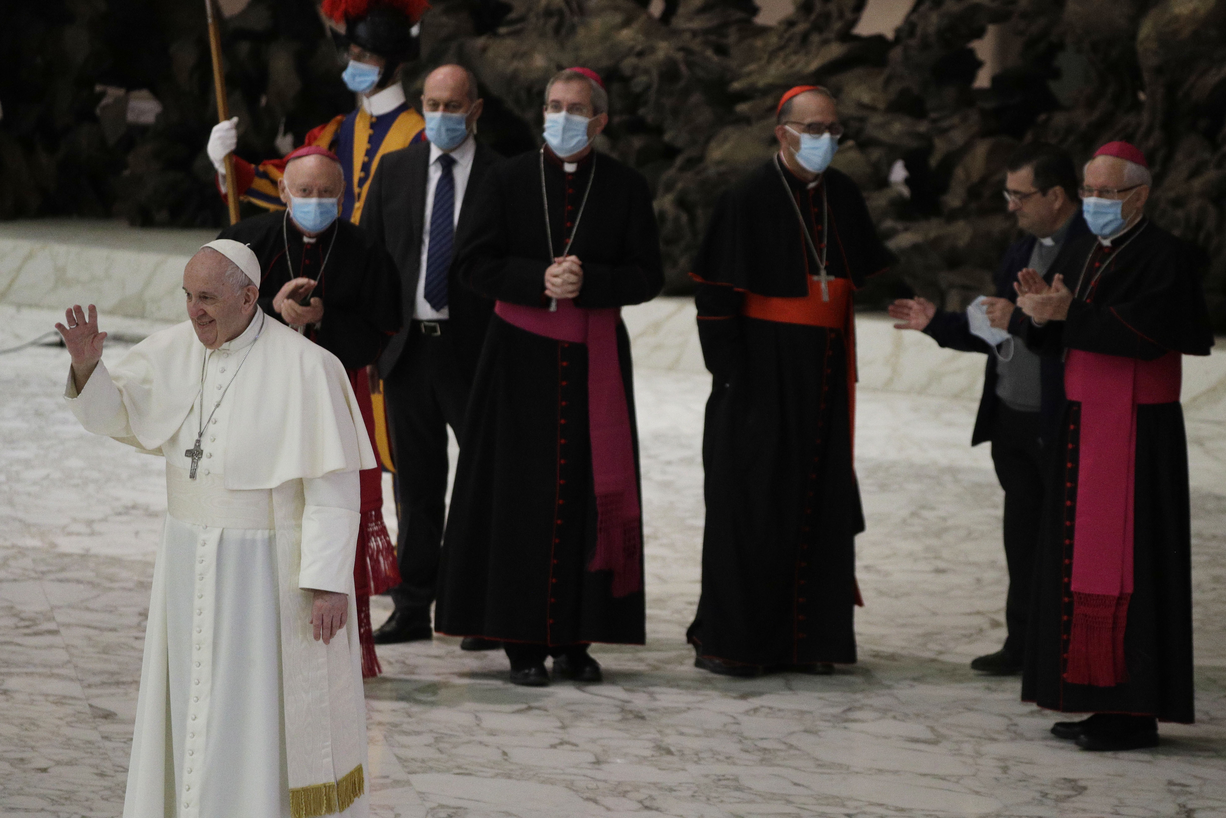 Pope Francis waves to faithful at the end of the weekly general audience in the Paul VI hall at the Vatican, Wednesday, Oct. 21, 2020. (Gregorio Borgia/AP)