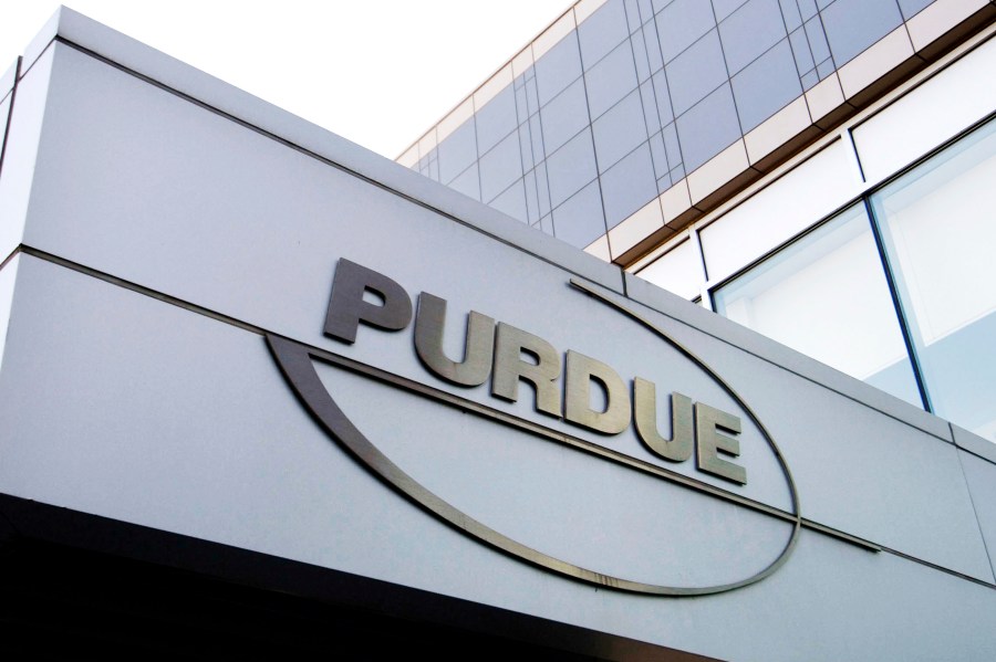 This Tuesday, May 8, 2007, file photo shows the Purdue Pharma logo at its offices in Stamford, Conn. (Douglas Healey/AP)