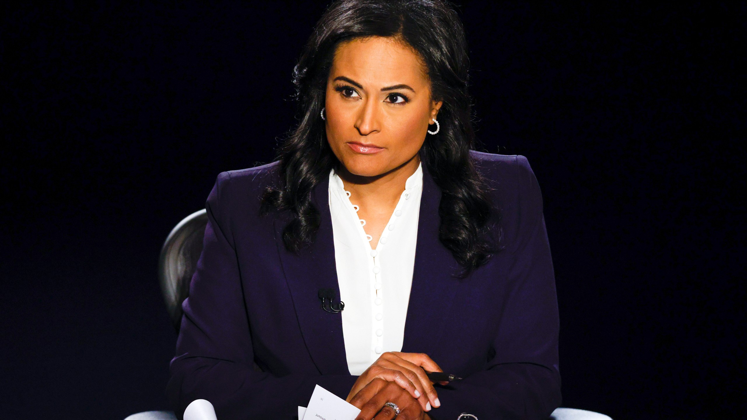 Moderator Kristen Welker of NBC News listens as President Donald Trump and Democratic presidential candidate former Vice President Joe Biden participate in the final presidential debate at Belmont University on Oct. 22, 2020, in Nashville, Tenn. (Jim Bourg/Pool via AP)