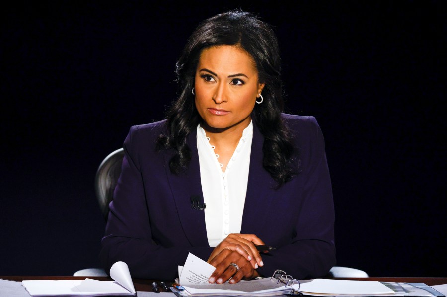 Moderator Kristen Welker of NBC News listens as President Donald Trump and Democratic presidential candidate former Vice President Joe Biden participate in the final presidential debate at Belmont University on Oct. 22, 2020, in Nashville, Tenn. (Jim Bourg/Pool via AP)