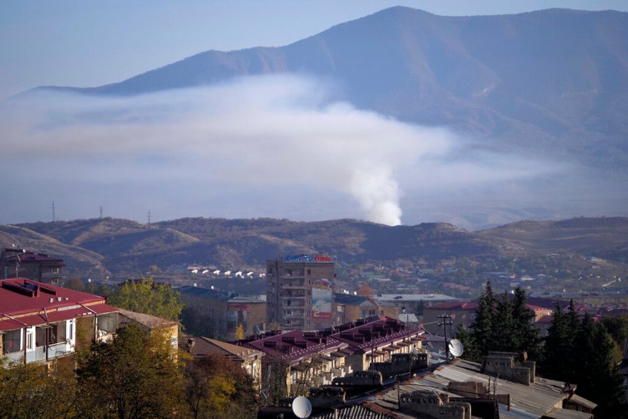 Smoke rises after shelling by Azerbaijan's artillery during a military conflict in Stepanakert, the separatist region of Nagorno-Karabakh on Oct. 24, 2020. (AP Photo)