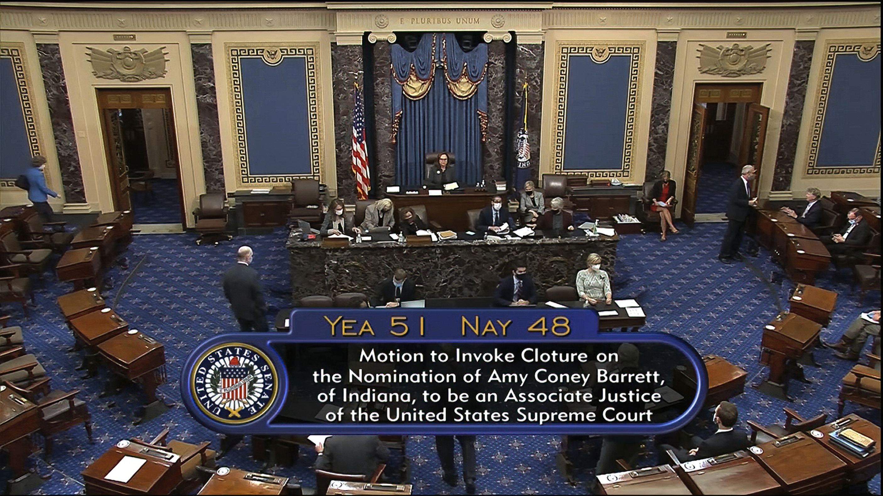 In this image from video, the vote total in the U.S. Senate to advance the nomination of Supreme Court nominee Amy Coney Barrett for a final confirmation vote at the U.S. Capitol in Washington, Sunday, Oct. 25, 2020. (Senate Television via AP)