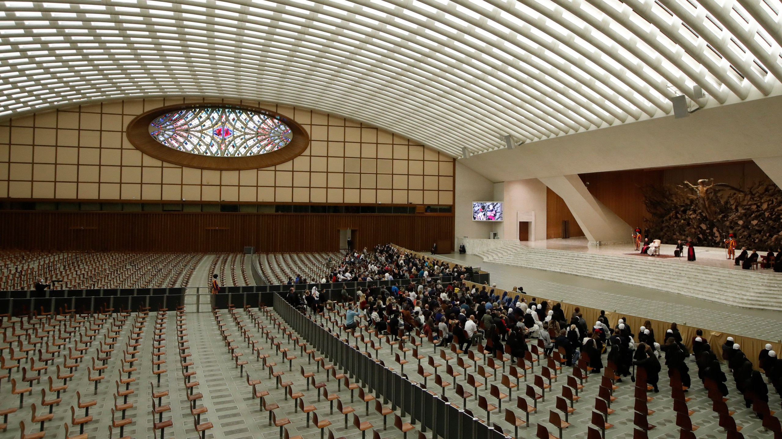 Pope Francis delivers his speech in the Paul VI Hall at the Vatican for his weekly general audience on Oct. 28, 2020. (Alessandra Tarantino/Associated Press)