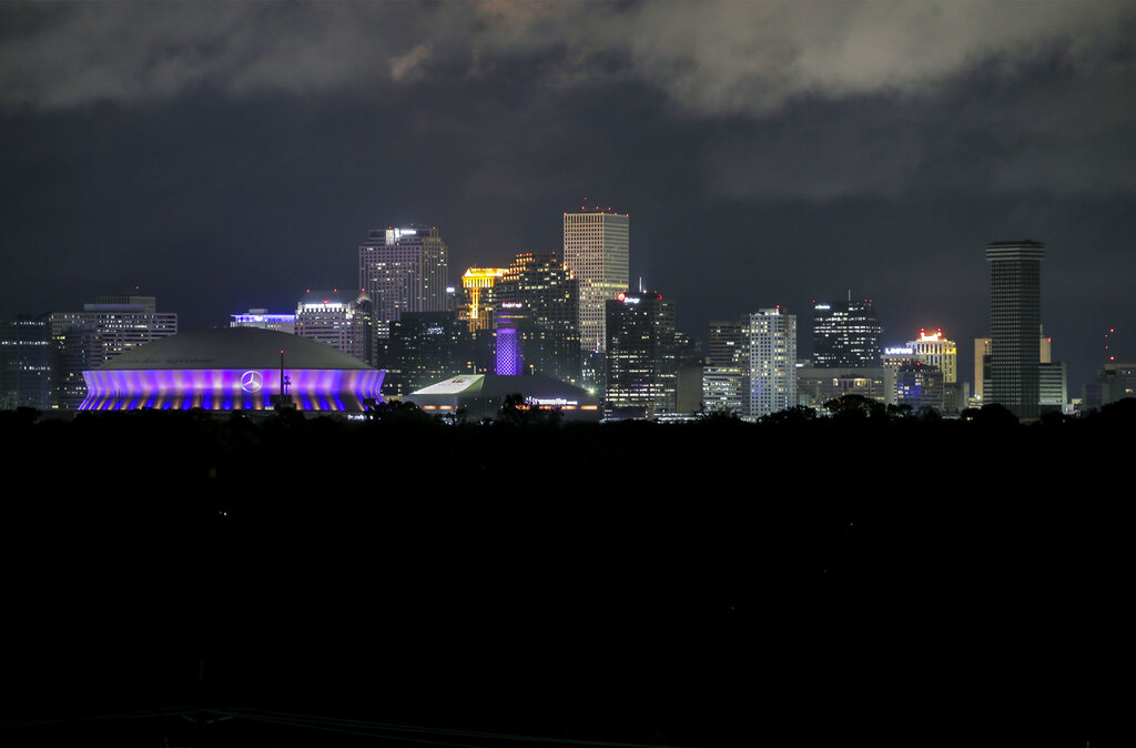 Even though electrical service is on in the Central Business District of New Orleans, parts of Central City and Uptown are without power after Hurricane Zeta barreled through the city Wednesday, Oct. 28, 2020. (David Grunfeld/The Times-Picayune/The New Orleans Advocate via AP)