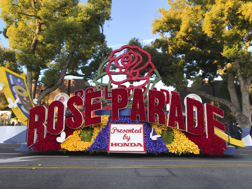 In this Jan. 1, 2020, file photo a 2020 Rose Parade float is seen at the start of the route at the 131st Rose Parade in Pasadena.(AP Photo/Michael Owen Baker, File)