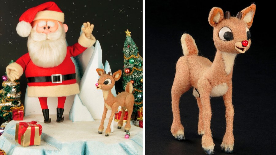 This image released by Profiles in History shows a Santa Clause and Rudolph reindeer puppet used in the filming of the 1964 Christmas special "Rudolph the Red-Nosed Reindeer." The soaring reindeer and Santa Claus figures who starred in in the perennially beloved stop-motion animation Christmas special “Rudolph the Red Nosed Reindeer” are going up for auction.(Profiles in History via AP)