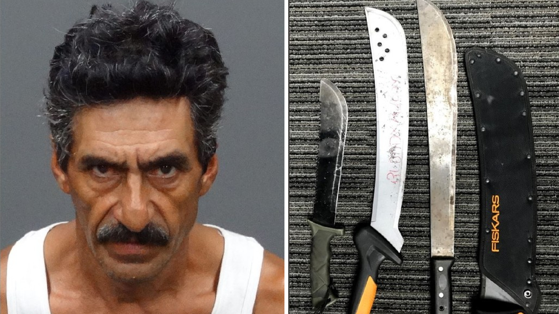 Fidel Esparza and machete knives recovered by detectives are seen in undated photos released by the Irwindale Police Department.