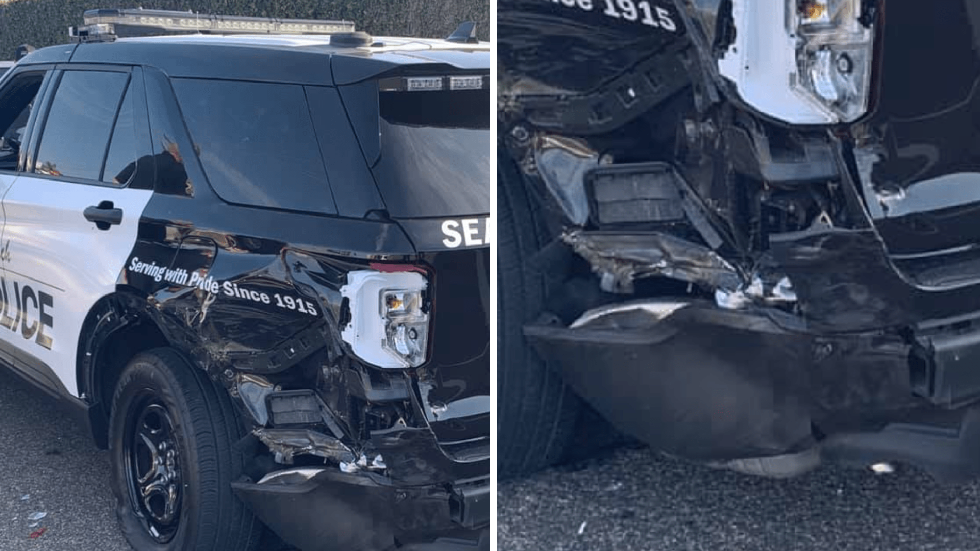 Damage is seen on a Seal Beach Police Department patrol car following a collision with a suspected drunk driver on Oct. 10, 2020.