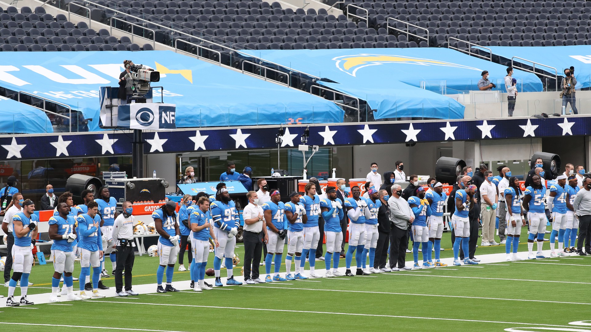 A general view of the Los Angeles Chargers are seen as the national anthem is played before taking on the Jacksonville Jaguars at SoFi Stadium on October 25, 2020 in Inglewood, (Katelyn Mulcahy/Getty Images)