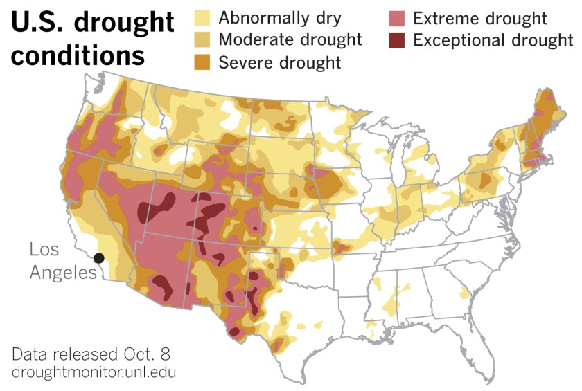 A map illustrates data released by the U.S. Drought Monitor on Oct. 8, 2020. (Paul Duginski / Los Angeles Times)