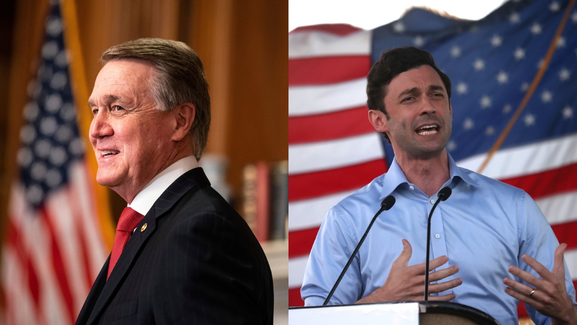 Sen. David Perdue, left, Democratic challenger Jon Ossoff, right. (AP Photo/Getty Images)