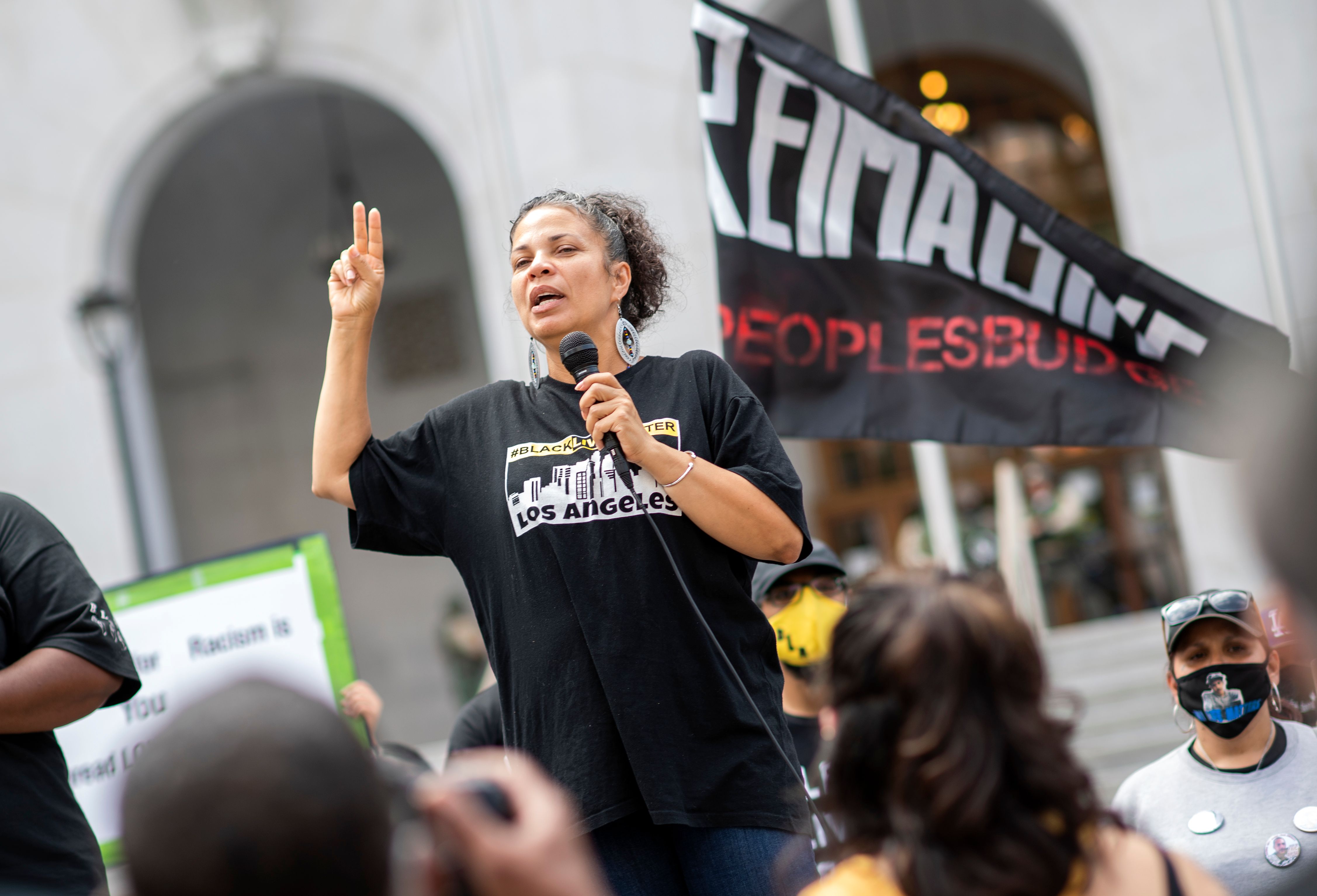 Melina Abdullah from Black Lives Matter addresses the crowd during a demonstration to ask for the removal of District Attorney Jackie Lacey in front of the Hall of Justice, in Los Angeles on June 17, 2020. (Valerie Macon/AFP via Getty Images)