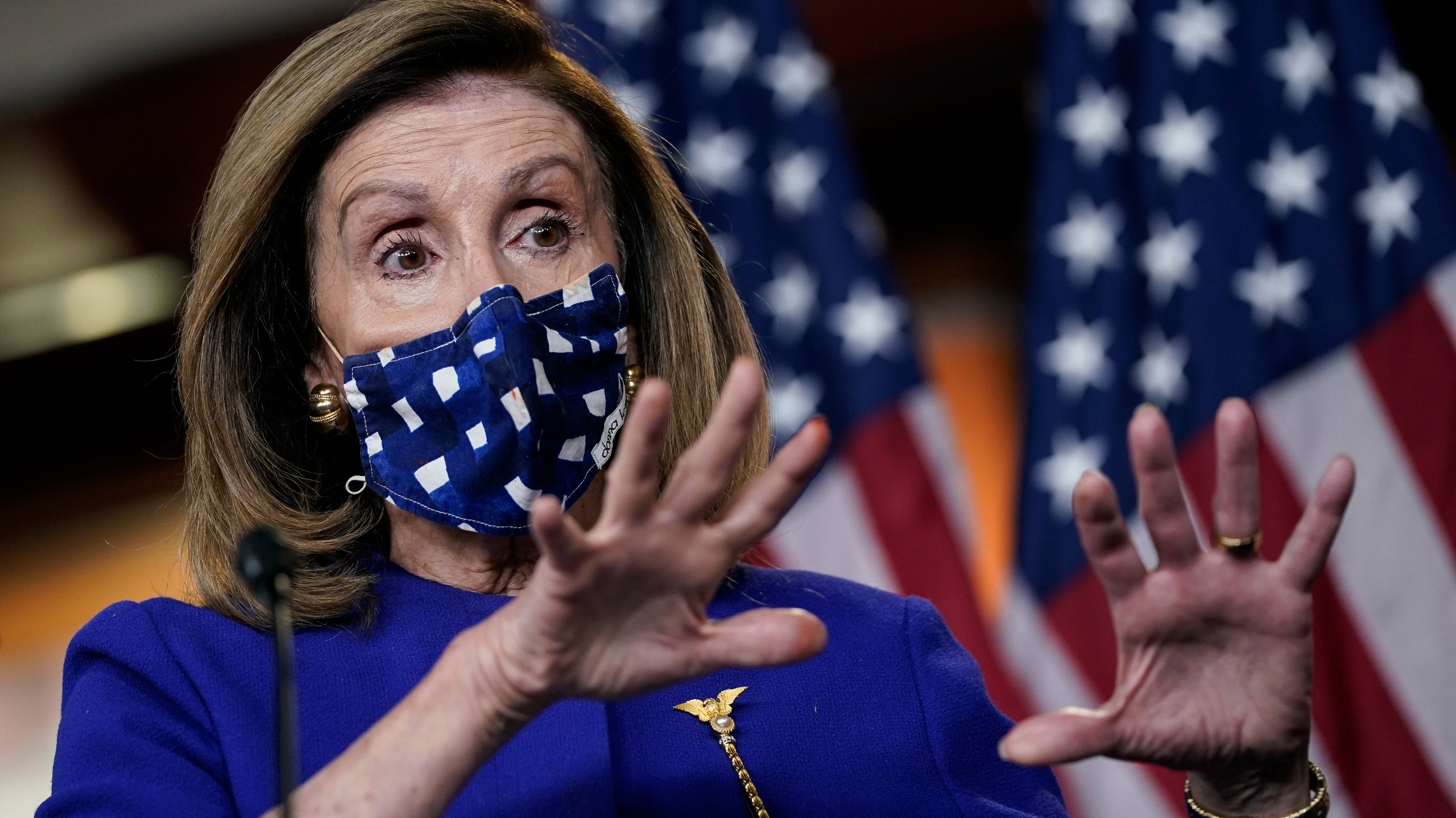 Speaker of the House Nancy Pelosi speaks during a news conference at the U.S. Capitol on Oct. 9, 2020. (Drew Angerer / Getty Images)