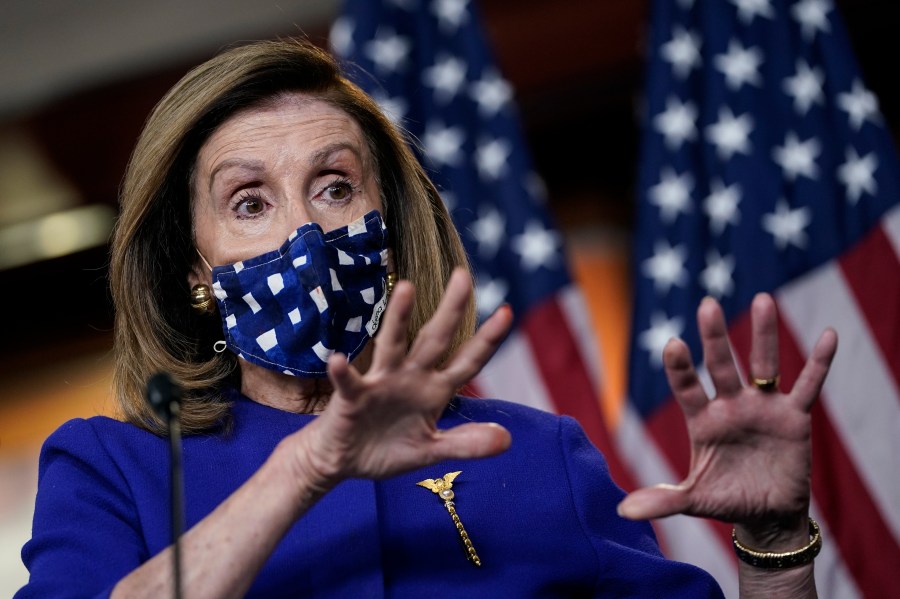 Speaker of the House Nancy Pelosi speaks during a news conference at the U.S. Capitol on Oct. 9, 2020. (Drew Angerer / Getty Images)