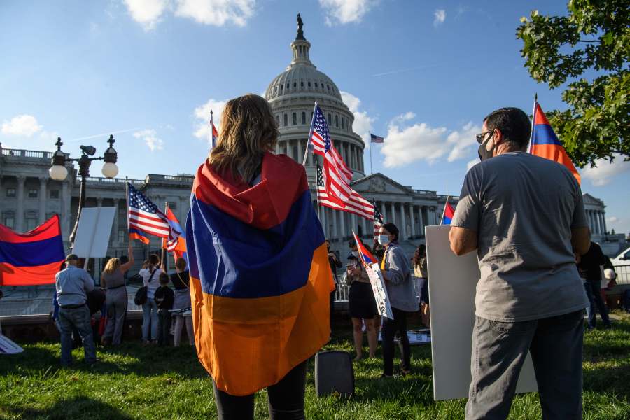 Armenian Americans hold signs and flags as they protest in front of the U.S. Capitol in Washington D.C., on Oct. 15, 2020. (NICHOLAS KAMM/AFP via Getty Images)