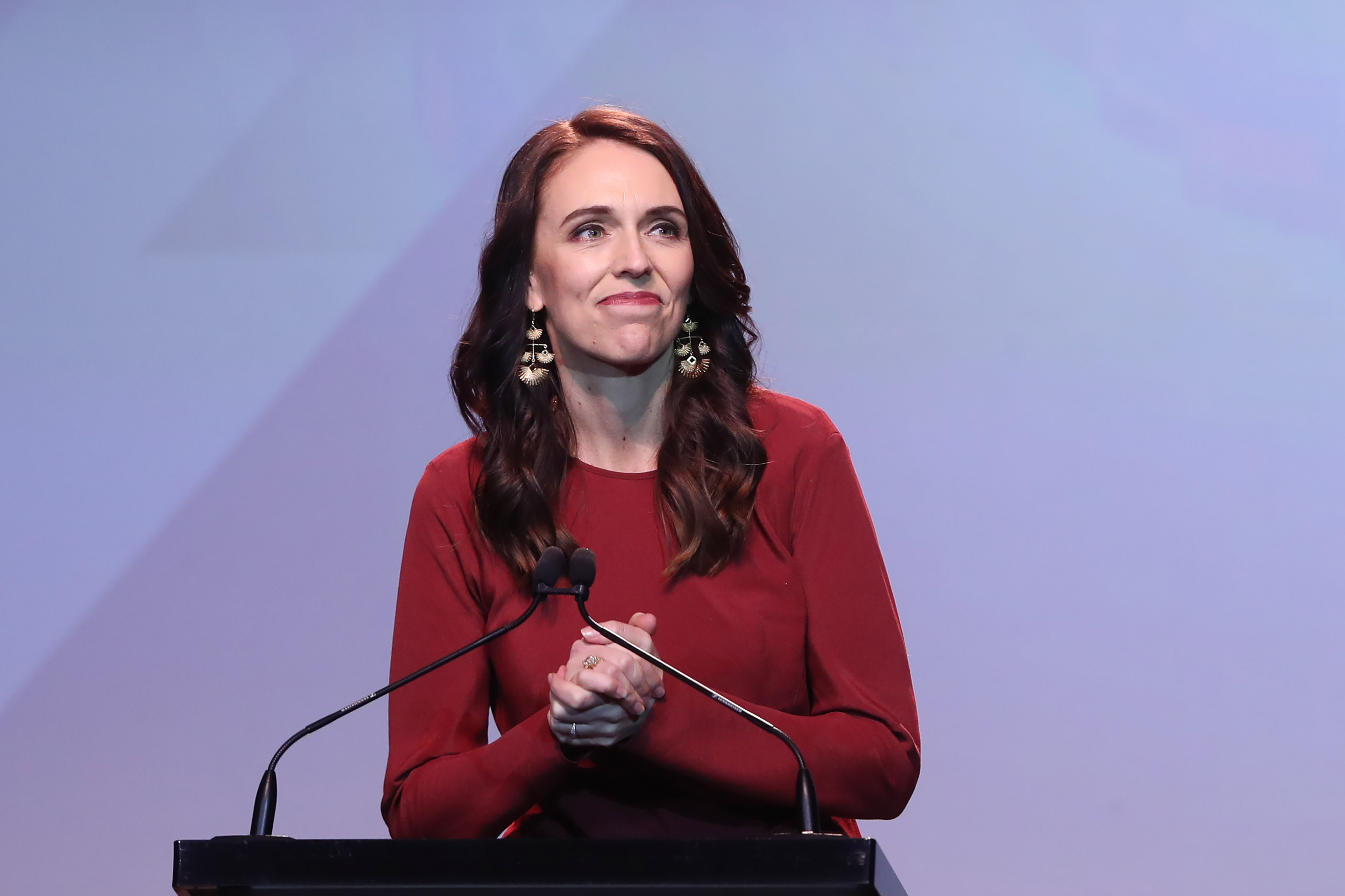 New Zealand Prime Minister Jacinda Ardern speaks at the Labour Election Day party after the Labour Party won New Zealand's general election in Auckland on Oct. 16, 2020. (MICHAEL BRADLEY / AFP via Getty Images)