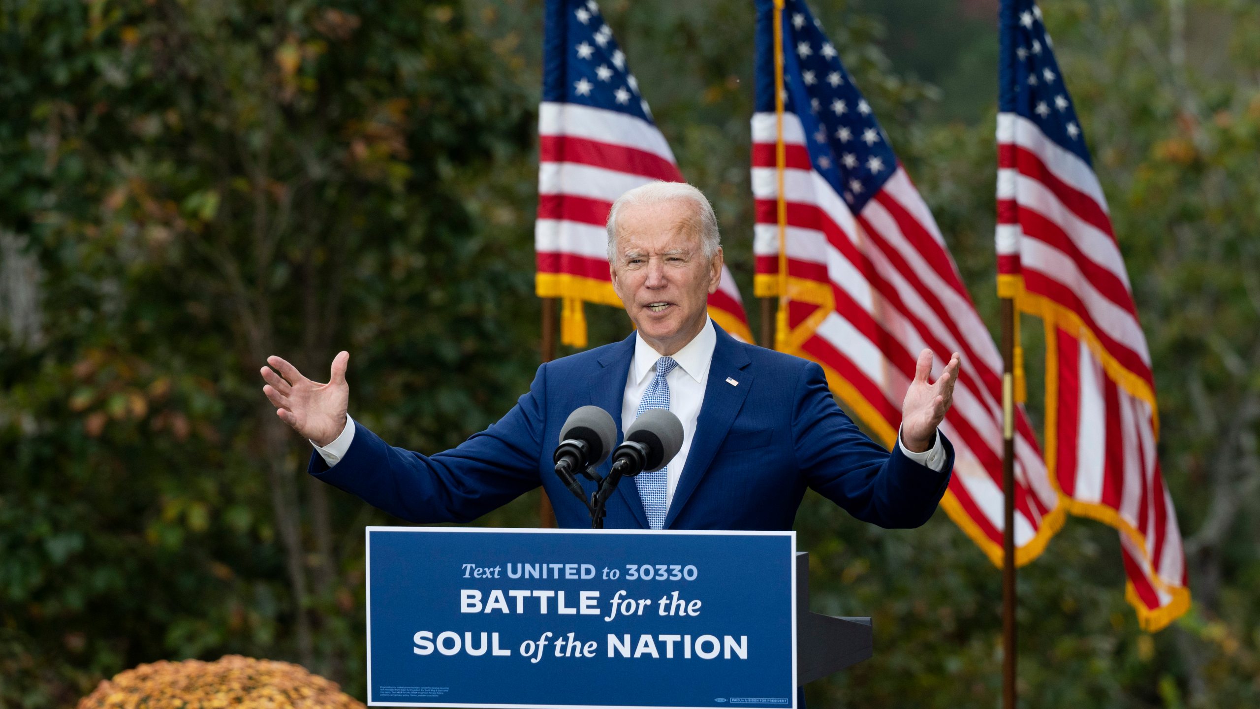 Democratic presidential candidate Joe Biden speaks at The Mountain Top Inn and Resort in Warm Springs, Georgia on Oct. 27, 2020. (JIM WATSON/AFP via Getty Images)