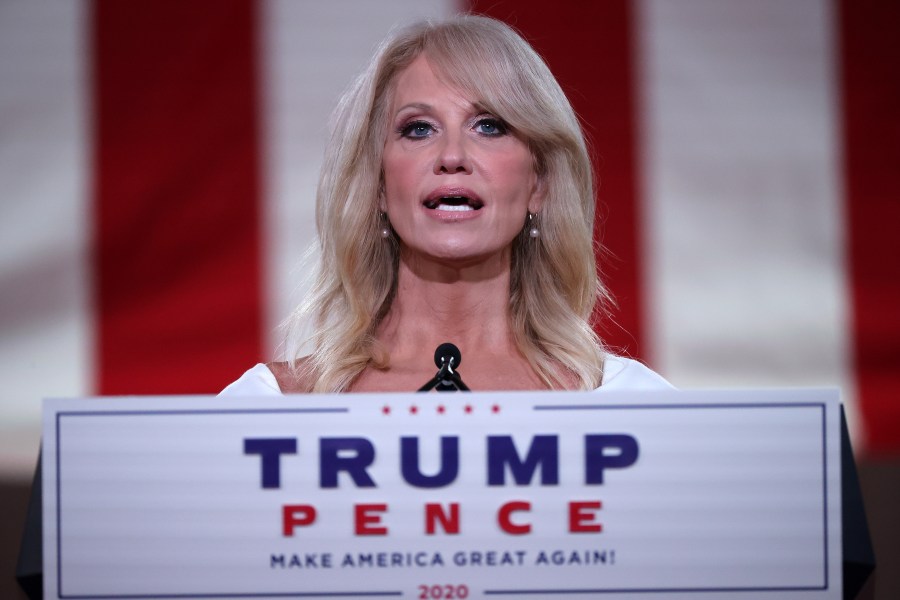 White House Counselor to the President Kellyanne Conway pre-records her address to the Republican National Convention from inside an empty Mellon Auditorium on Aug. 26, 2020 in Washington, DC. (Chip Somodevilla/Getty Images)