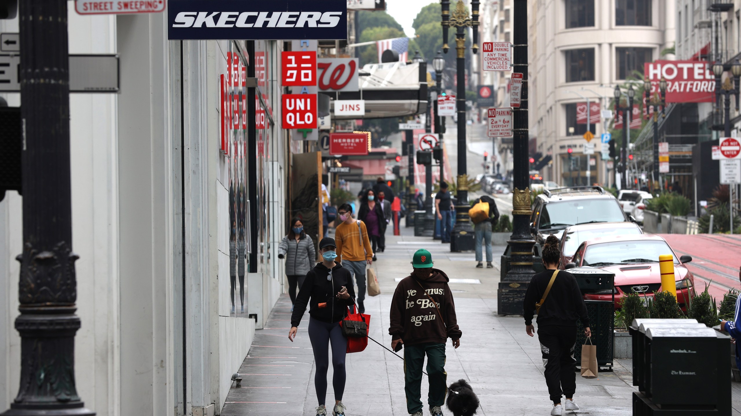 People walk through San Francisco's Union Square shopping district on Sept. 3, 2020. (Justin Sullivan/Getty Images)