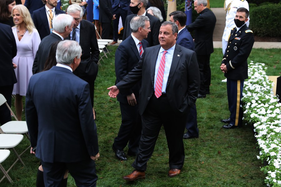 Former New Jersey Gov.Chris Christie, center, talks with guests in the Rose Garden after President Donald Trump introduced 7th U.S. Circuit Court Judge Amy Coney Barrett as his nominee to the Supreme Court at the White House Sept. 26, 2020 in Washington, D.C. (Chip Somodevilla/Getty Images)