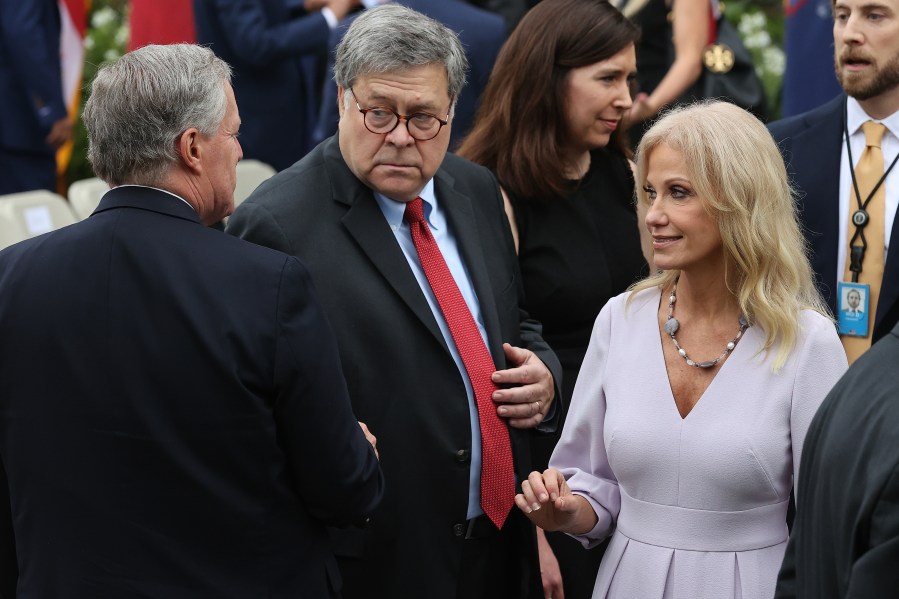 White House Chief of Staff Mark Meadows, Attorney General William Barr and Counselor to the President Kellyanne Conway talk in the Rose Garden after President Donald Trump introduced 7th U.S. Circuit Court Judge Amy Coney Barrett, 48, as his nominee to the Supreme Court at the White House on Sept. 26, 2020, in Washington, D.C. With 38 days until the election, Trump tapped Barrett to be his third Supreme Court nominee in just four years and to replace the late Associate Justice Ruth Bader Ginsburg, who will be buried at Arlington National Cemetery on Tuesday. (Chip Somodevilla/Getty Images)