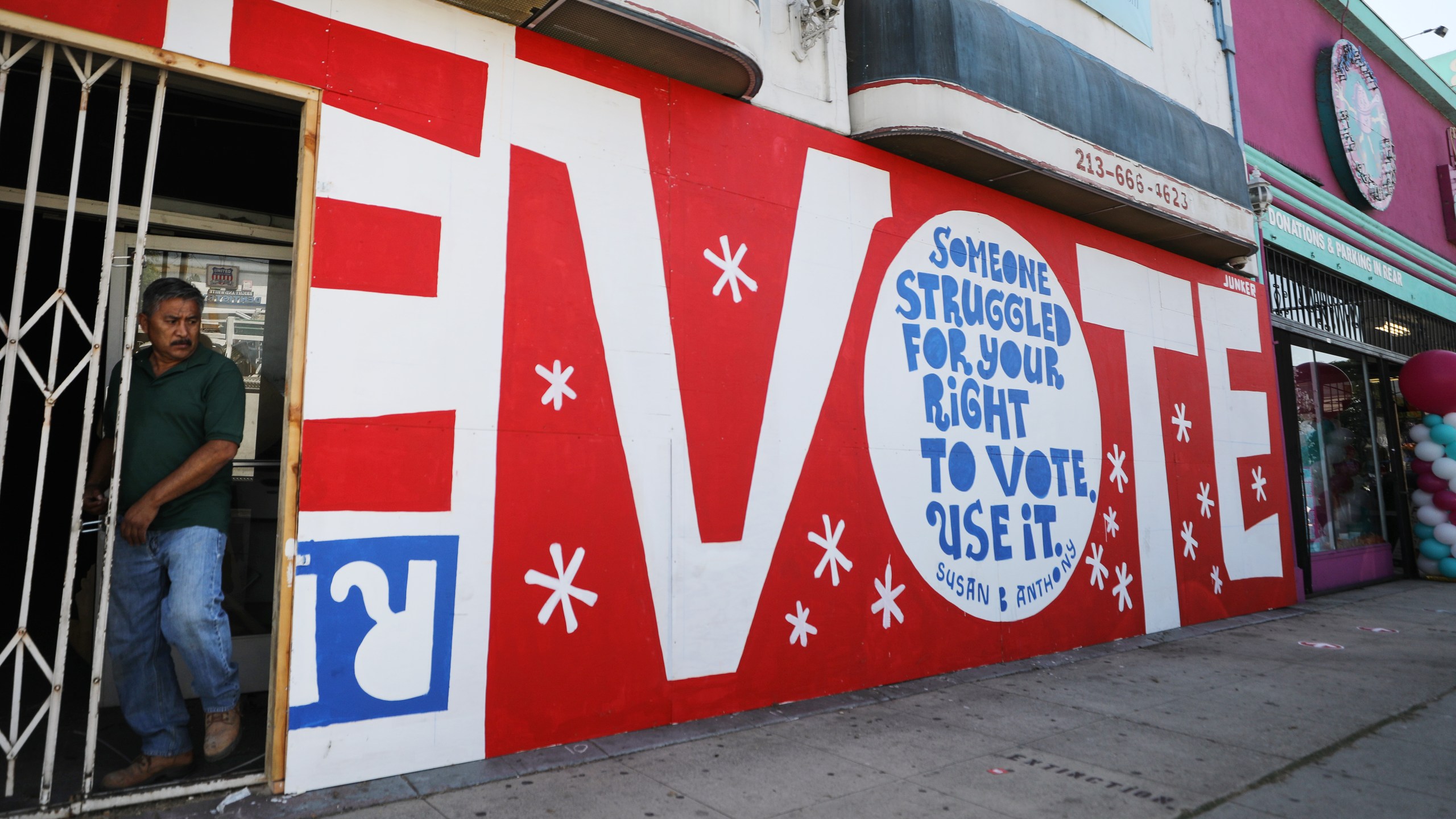 A mural by artist Eric Junker is seen on Oct. 2, 2020, in Los Angeles. (Mario Tama/Getty Images)