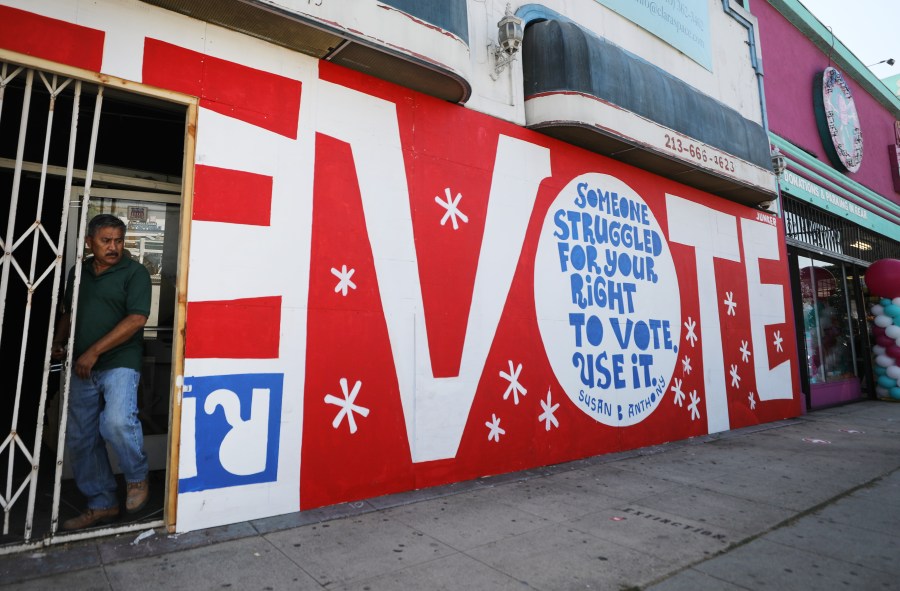 A mural by artist Eric Junker is seen on Oct. 2, 2020, in Los Angeles. (Mario Tama/Getty Images)