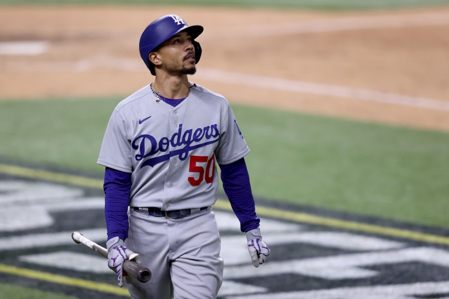 Mookie Betts of the Los Angeles Dodgers reacts after striking out against the Atlanta Braves during the eighth inning in Game Four of the National League Championship Series on Oct. 15, 2020, in Arlington, Texas. (Tom Pennington / Getty Images)