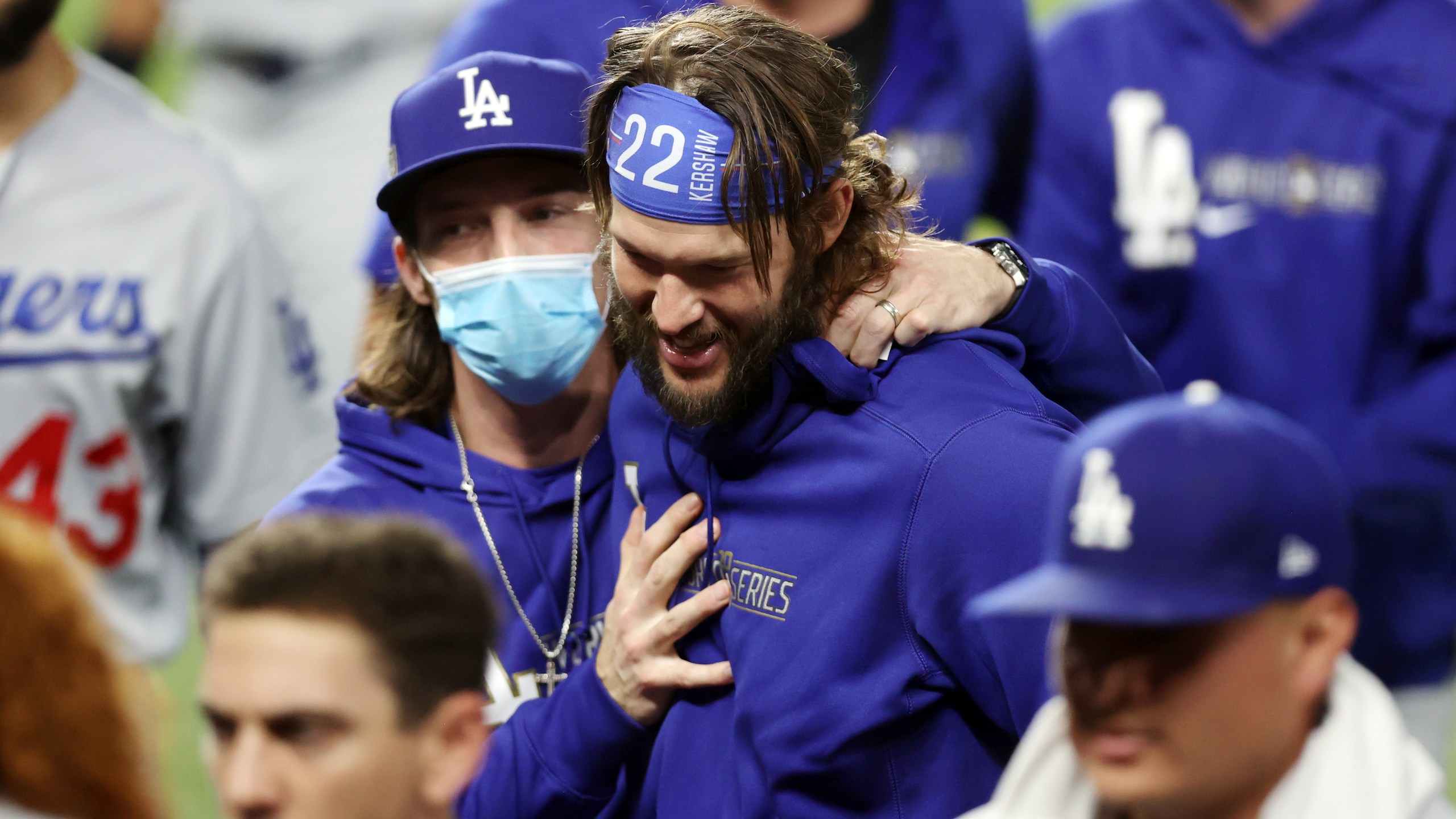 Clayton Kershaw #22 of the Los Angeles Dodgers celebrates with his teammates following their 4-2 victory against the Tampa Bay Rays in Game 5 of the 2020 MLB World Series at Globe Life Field on Oct. 25, 2020 in Arlington, Texas. (Tom Pennington/Getty Images)