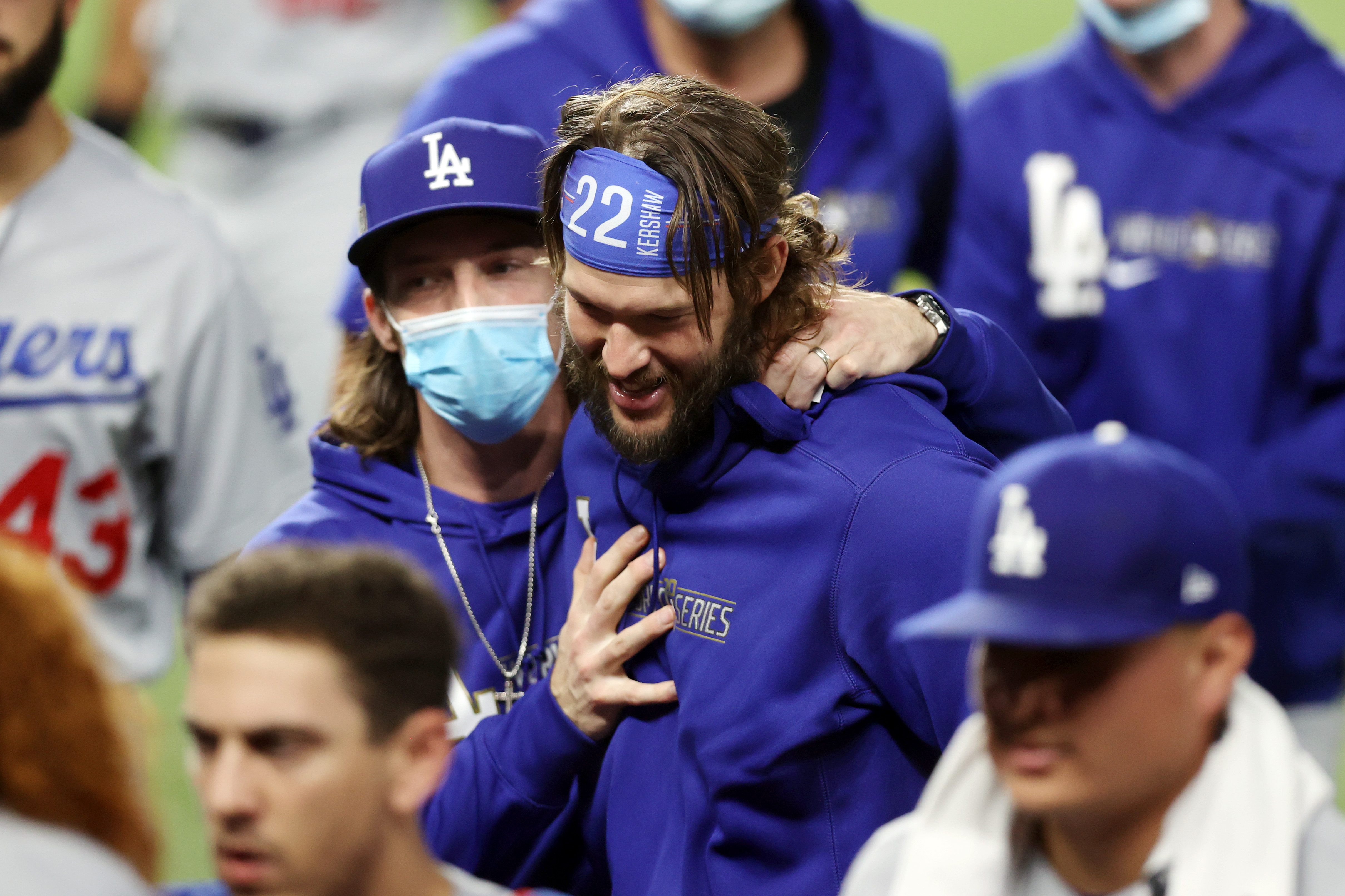 Clayton Kershaw #22 of the Los Angeles Dodgers celebrates with his teammates following their 4-2 victory against the Tampa Bay Rays in Game 5 of the 2020 MLB World Series at Globe Life Field on Oct. 25, 2020 in Arlington, Texas. (Tom Pennington/Getty Images)