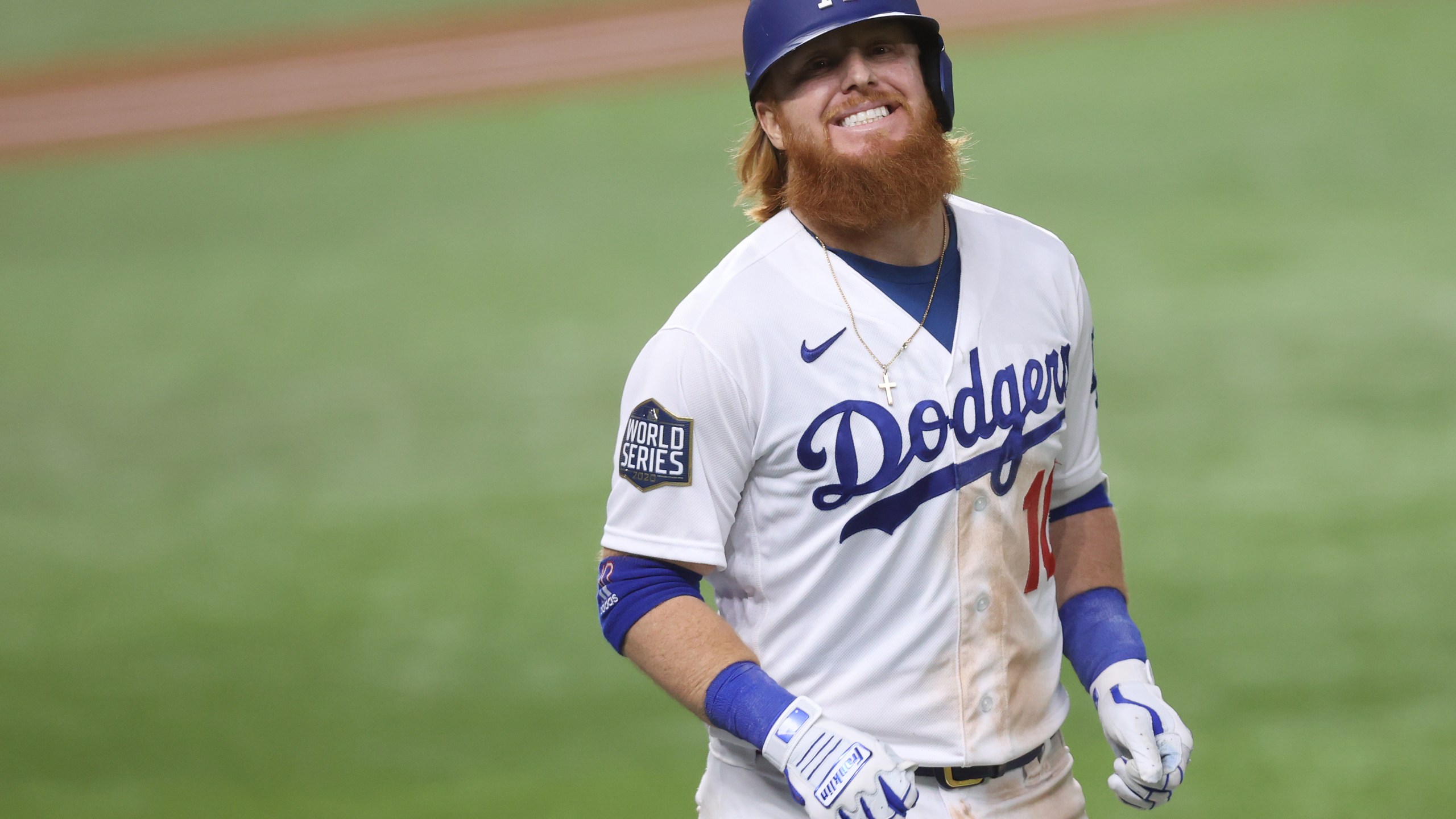 Justin Turner #10 of the Los Angeles Dodgers reacts after flying out against the Tampa Bay Rays during the sixth inning in Game Six of the 2020 MLB World Series at Globe Life Field on Oct. 27, 2020, in Arlington, Texas. (Tom Pennington/Getty Images)