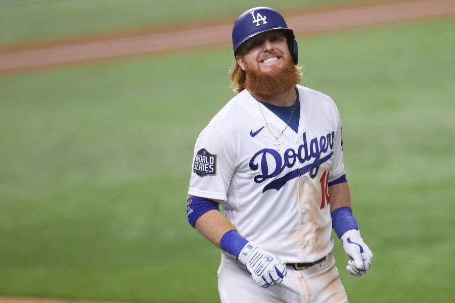 Justin Turner #10 of the Los Angeles Dodgers reacts after flying out against the Tampa Bay Rays during the sixth inning in Game Six of the 2020 MLB World Series at Globe Life Field on Oct. 27, 2020, in Arlington, Texas. (Tom Pennington/Getty Images)