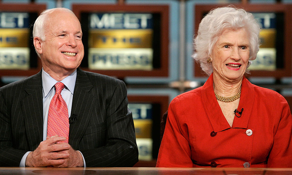 Roberta McCain (R), mother of Republican U.S. presidential hopeful Sen. John McCain (R-AZ) (L), speaks during a taping for a broadcast on the "Meet the Press" website at the NBC Studios May 13, 2007 in Washington, DC. (Photo by Alex Wong/Getty Images for Meet the Press)