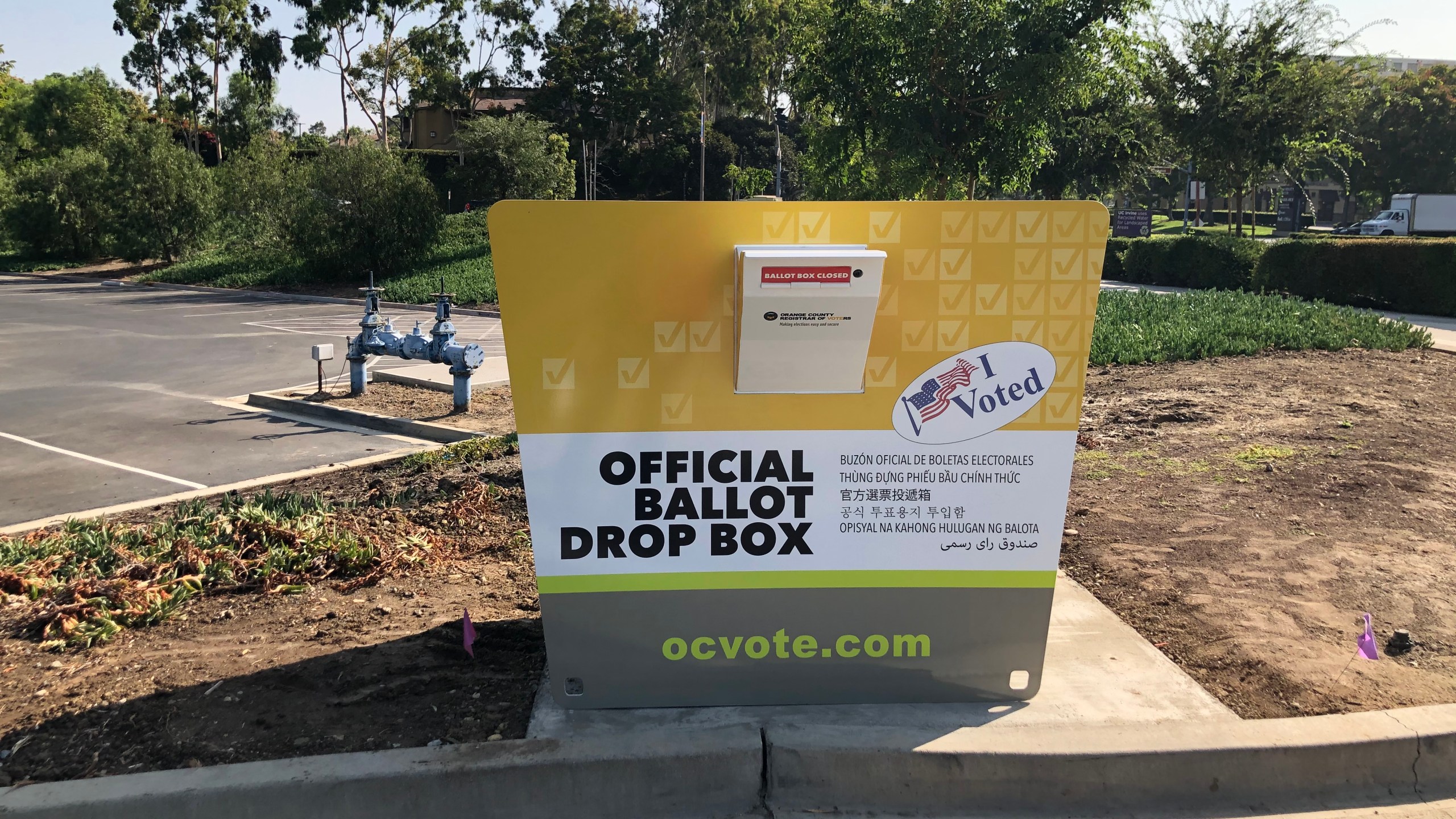 This photo shows a legitimate drop box for use by California voters. The image was released by the Orange County registrar of voters on Oct. 12, 2020.