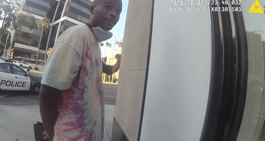 Versace shoe designer Salehe Bembury is stopped and searched by Beverly Hills police on Oct. 1, 2020. This still is from body cam footage released by the Beverly Hills Police Department on Oct. 2, 2020.