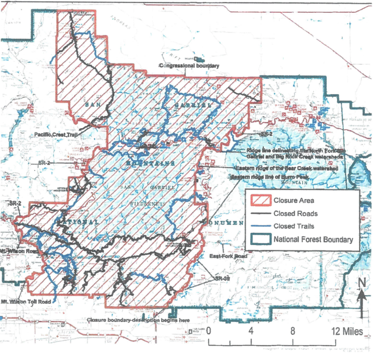 This map shows the closed areas in the Angeles National Forest as of Oct. 9, 2020. (U.S. Forest Service)