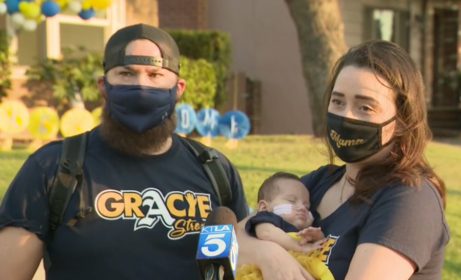 Britni and Mike Mackintosh welcomed their baby, Gracie, home on Oct. 16, 2020. KTLA)