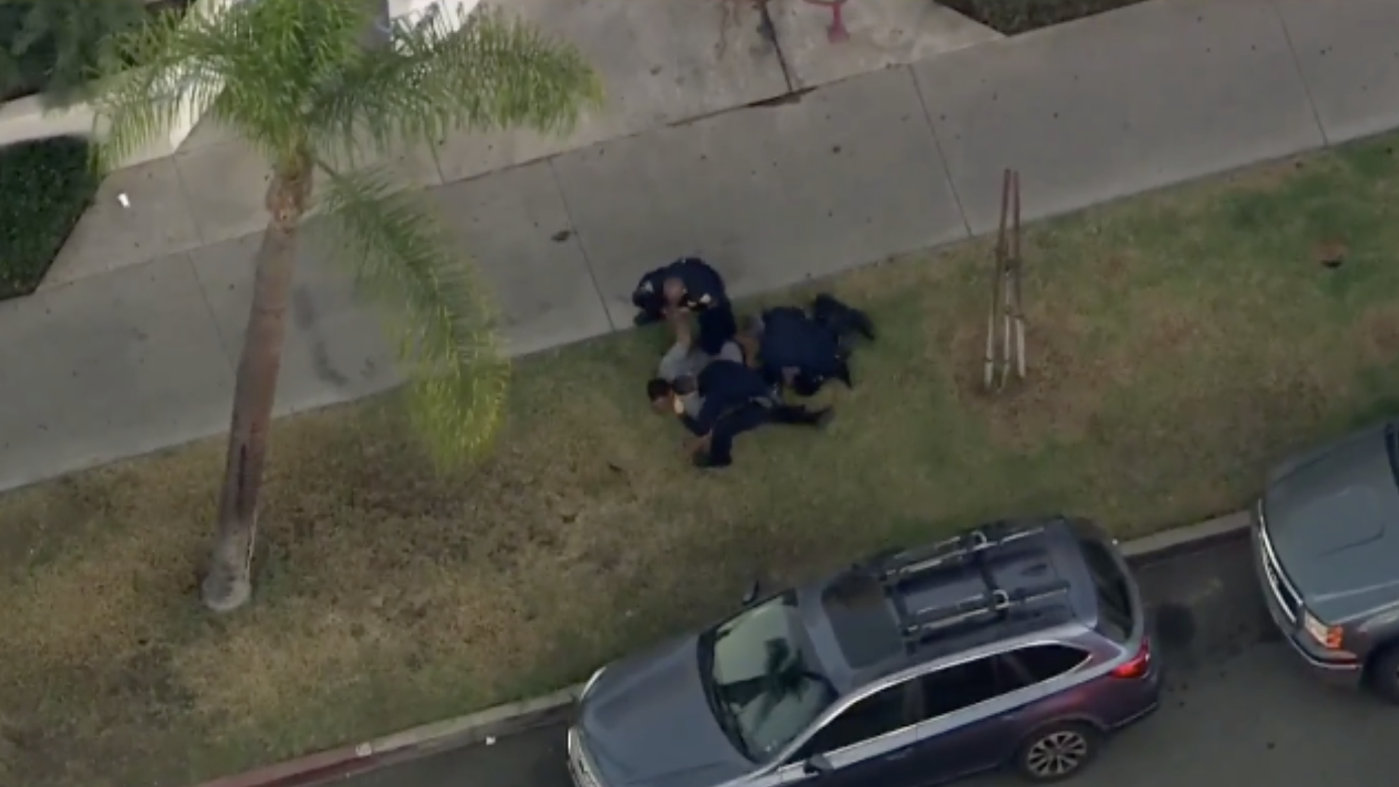 Officers detain a pursuit suspect in the Long Beach area on Oct. 30, 2020. (KTLA)