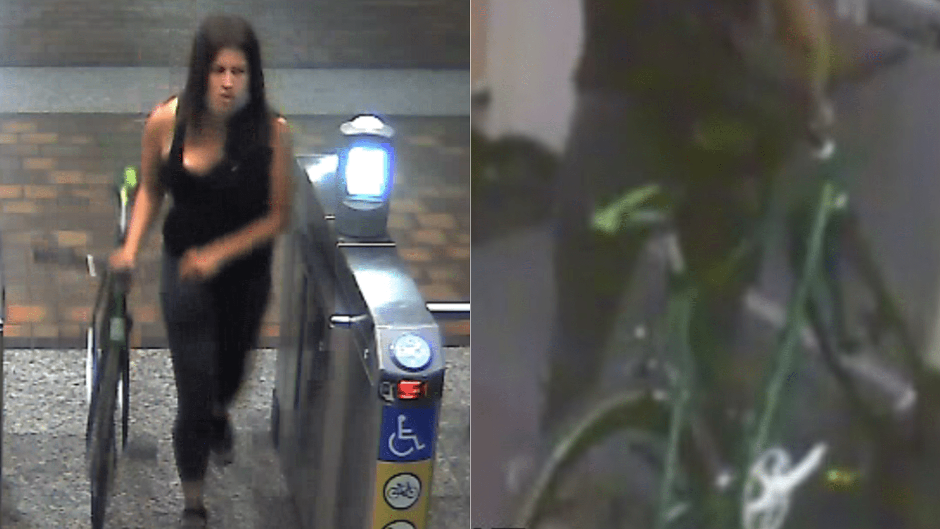 LAPD released these photos of a woman with her bike after she allegedly stabbed to death a Metro employee at the 7th Street/Metro Center station in downtown Los Angeles on Oct. 16, 2020.