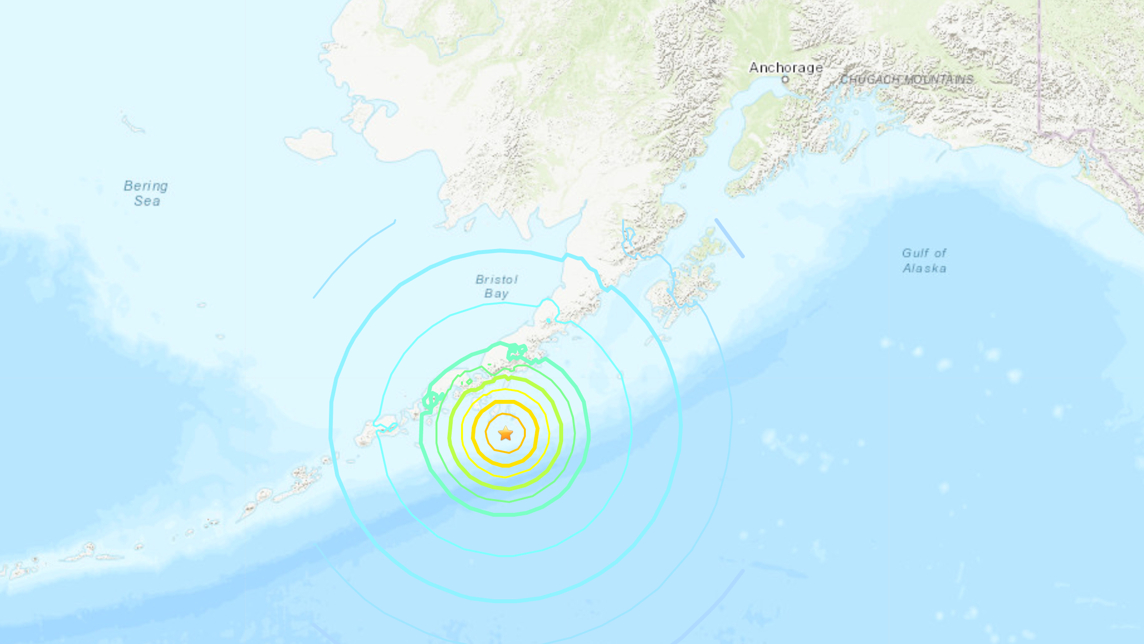 The U.S. Geological Survey provided this shake map for a magnitude 7.4 quake off the coast of Alaska on Oct. 19, 2020.