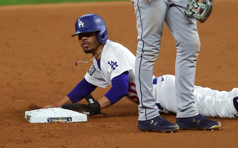 Mookie Betts of the Los Angeles Dodgers steals second base against the Tampa Bay Rays during the fifth inning in Game One of the 2020 MLB World Series on October 20, 2020 in Arlington, Texas. (Ronald Martinez/Getty Images)