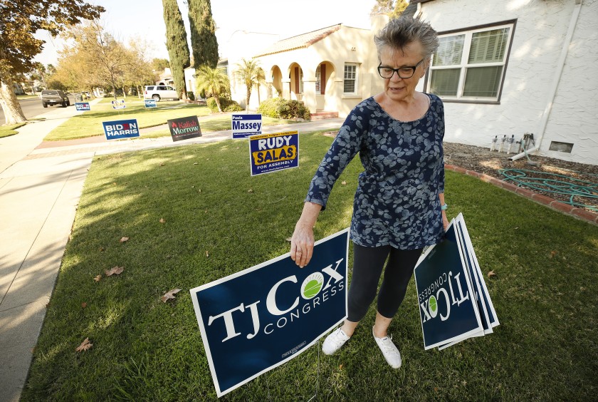 A 2020 photo shows Cathy Jorgensen, chair of the Kings County Democratic Central Committee, with a yard full of Democratic candidate signs in Hanford, Calif. (Al Seib / Los Angeles Times)