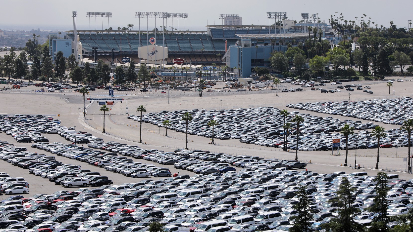 Stationed rental cars are parked in a lot at Dodger Stadium amid the coronavirus pandemic on April 2, 2020 in Los Angeles. (Mario Tama/Getty Images)